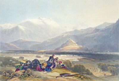 Bala Hissar et la ville de Kaboul avec les cantonnements britanniques depuis la colline de Ba Maroo, début des hostilités, planche 16 de « Scenery, Inhabitants and Costumes of Afghanistan », gravée par R. Carrick - James Rattray