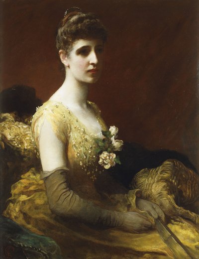 Portrait de Lady Dixon de Rheda, trois-quarts longueur, assise portant une robe jaune avec des fleurs tenant un éventail - James Sant