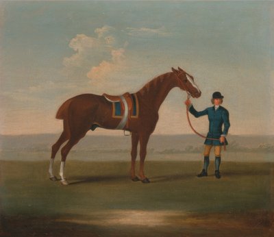Un des quatre portraits de chevaux - un cheval alezan (  Old Partner) tenu par un palefrenier : debout, tourné vers la droite, vêtu d