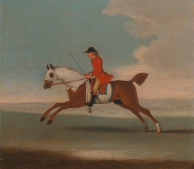 Un des quatre portraits de chevaux - un cheval de course alezan exercé par un entraîneur en manteau rouge (détail) - James Seymour