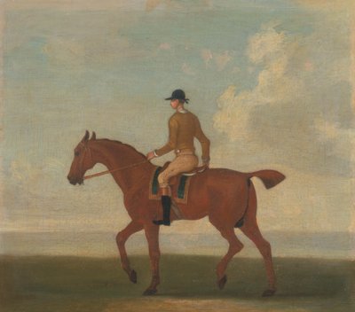 Un des quatre portraits de chevaux - un cheval de course alezan avec jockey : marchant vers la gauche ; jockey en veste jaune buff - James Seymour