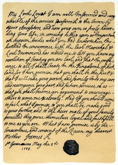 Lettre de James Edward Stuart à Simon Fraser, Lord Lovat, Saint-Germain, 3 mai 1703 - James Stuart