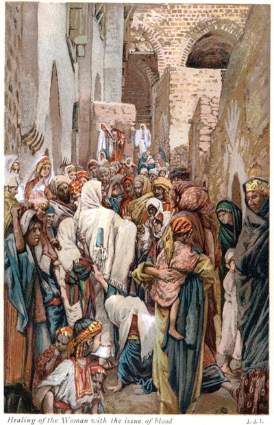 Femme avec une perte de sang touchant le bord du vêtement de Jésus et étant guérie, vers 1890 - James Tissot
