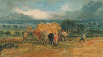 Scène de moisson avec des ouvriers chargeant du foin dans un chariot de ferme - James Ward