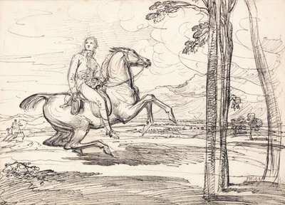 Un cavalier dans un paysage : Probablement une étude pour "Theophilus Levett Fox-hunting in Wychnor Park" (Chasse au renard dans le parc Wychnor) - James Ward
