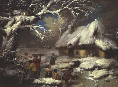Figures ramassant des fagots dans un paysage d
