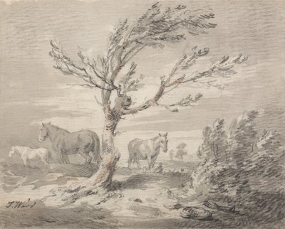Paysage avec trois chevaux et un arbre au premier plan - James Ward