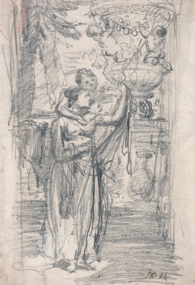 Deux jeunes filles (ou dame et enfant) sur une terrasse de jardin près d