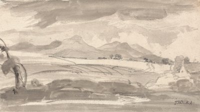 Vue sur des champs avec montagnes lointaines, avec un cottage à droite - James Ward