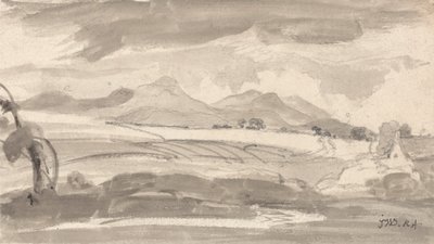 Vue sur les champs et les montagnes lointaines, avec un chalet à droite - James Ward