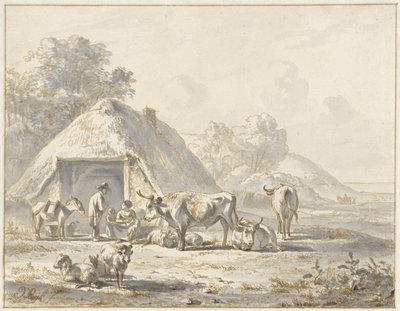 Bétail et figures devant une grange - James de Rijk