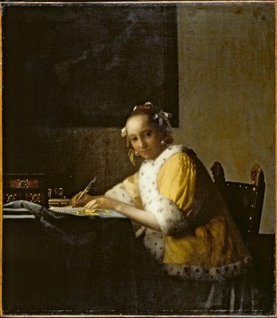 Une dame écrivant ... (huile sur toile) - Jan (1632-75) Vermeer