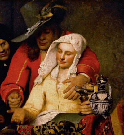 Un homme tend une pièce à une femme touchant sa poitrine (détail) - Johannes Vermeer