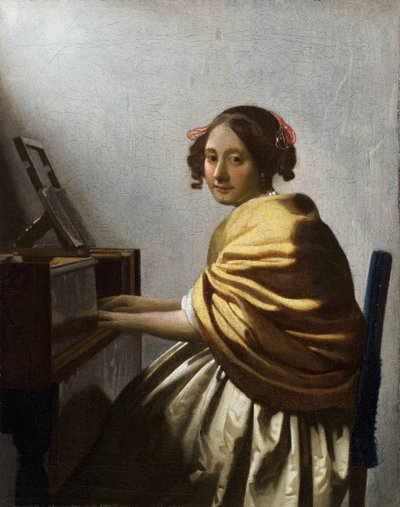 Jeune femme assise au virginal - Peinture de Jan Vermeer (Johannes) vers 1670 - Johannes Vermeer