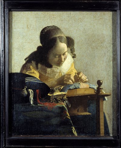 La Dentellière. Peinture de Jan (Johannes) Vermeer de Delft (1632-1675), vers 1658-1660. Huile sur toile. Dim : 0,24x0,21m. Musée du Louvre - Johannes Vermeer