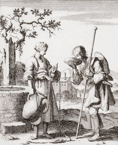 Une femme donne à boire à un pèlerin - Jan (after) Luyken