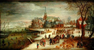 Vue de Shelle et de la rivière Escaut en hiver avec un marché et des patineurs - Jan (follower of) Brueghel