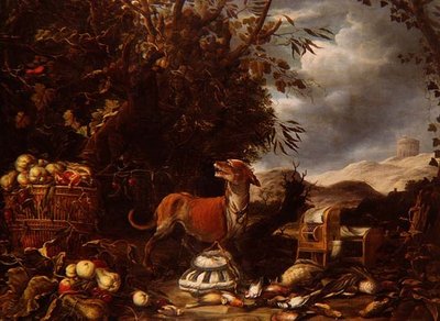 Nature morte de chasse avec des oiseaux morts, des cages à oiseaux, des fruits et un chien près d