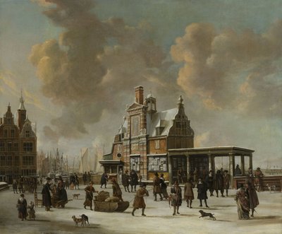Le Paalhuis et le Nieuwe Brug, Amsterdam, en hiver - Jan Abrahamsz. Beerstraten