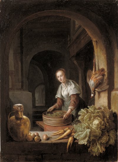 Une servante préparant des légumes dans une cuisine - Jan Adriansz van Staveren