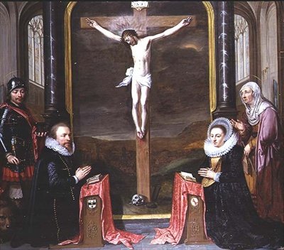 Une Crucifixion avec Portraits des Donateurs Adriaen Meusyenbroeck et sa Femme, Anna Elant, Assistés par St. Adrien et Ste. Élisabeth - Jan Anthonisz. van Ravesteyn