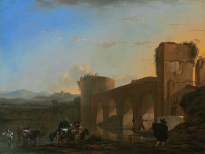 Le Tibre avec le Ponte Molle au coucher du soleil, vers 1650 - Jan Asselijin