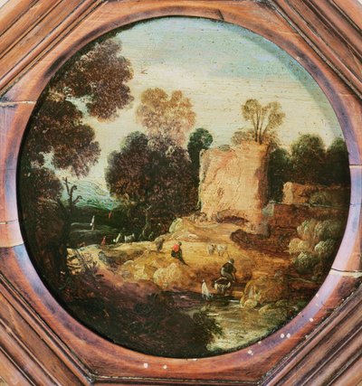 Paysage boisé avec bergers et chèvres près d