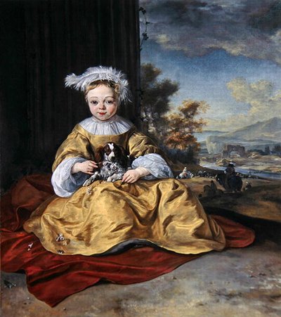 Un enfant en robe jaune tenant un chien - Jan Baptist Weenix