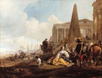 Scène portuaire méditerranéenne avec personnages se reposant devant des ruines antiques - Jan Baptist Weenix
