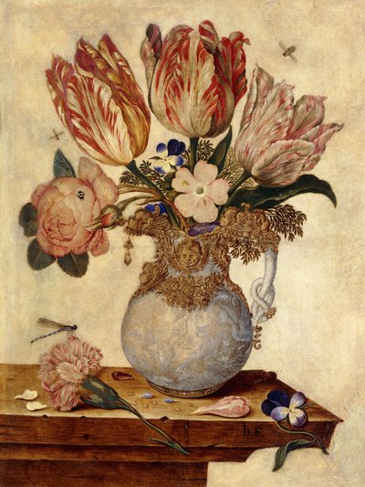 Tulipes, myosotis, pivoines et autres fleurs dans un vase sur un rebord - Jan Baptist van Fornenburgh