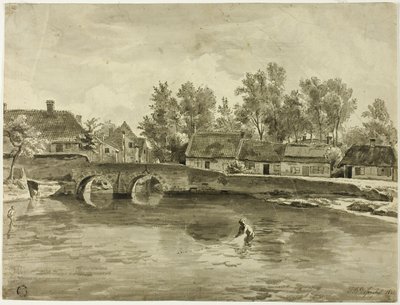 Homme pêchant dans la rivière près du village - Jan Baptiste de Jonghe