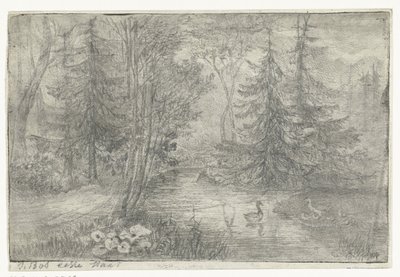 Étang forestier avec des canards - Jan Bos Wz. (signed by artist)