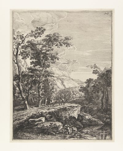 Paysage avec une femme chevauchant une mule le long de l