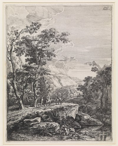 Paysage avec une femme montée sur une mule le long de l