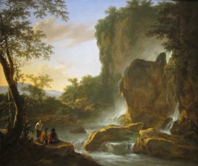 Hommes se reposant dans un paysage de montagne boisé avec des chutes d