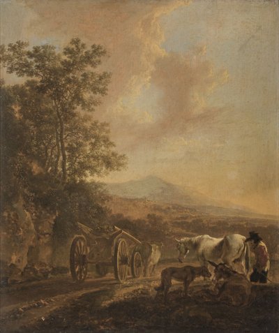Berger avec un char à bœufs dans un paysage à l