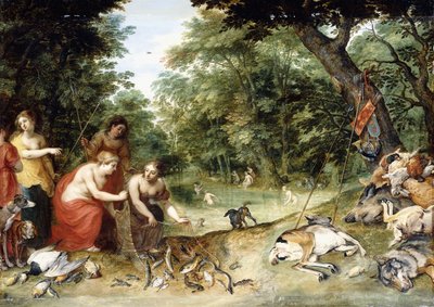 Allégorie des éléments, Terre, Air et Eau : Nymphes se baignant dans une clairière boisée avec des trophées de chasse à proximité, c.1621 - Jan Brueghel the Elder