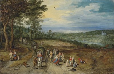 Vaste paysage boisé avec des voyageurs sur un chemin et des paysans dansant au premier plan / Landscape with Travellers and Peasants on a Track - Jan Brueghel the Elder