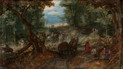 Forêt avec des charrettes traversant un ruisseau et des cavaliers - Jan Brueghel the Elder