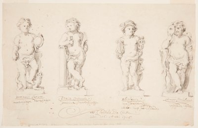 Dessin, projets de statues : "Sagesse". "Constance". "Eloquence". "Cupidon déguisé", 1726 - Jan Claudius de Cock