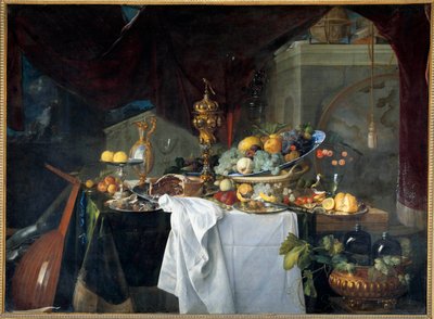 Nature morte de table à dessert couverte de plats avec instrument de musique - Jan Davidsz de Heem