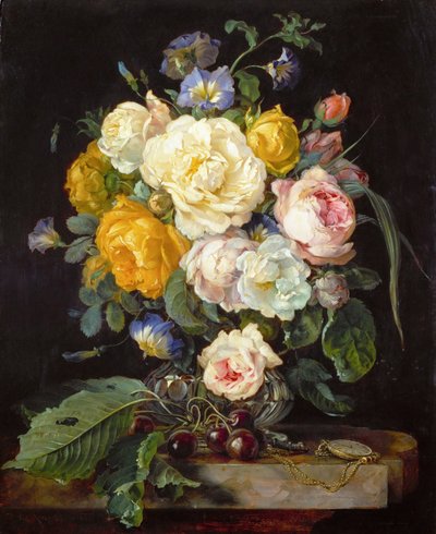 Baroque : Nature morte de pivoines, cerises et une montre à gousset - Jan Davidsz de Heem