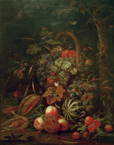 Nature morte avec panier de fruits, citrouille, melon et pêches sous un chêne - Jan Davidsz de Heem