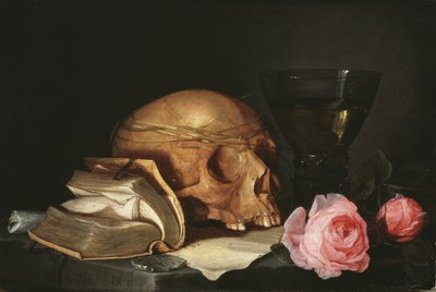 Vanité, nature morte avec un crâne, un livre et des roses par Jan Davidsz. de Heem - Jan Davidsz de Heem