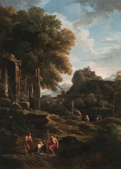 Paysage classique avec des figures au premier plan, des ruines à gauche et une figure au centre faisant un sacrifice - Jan Frans van Bloemen