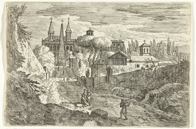 Paysage italianisant avec des voyageurs près des remparts - Jan Frans van Bloemen