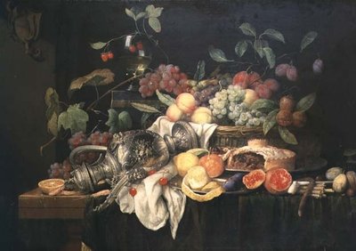 Nature morte avec flacon en étain, tarte aux fruits et fruits - Jan Frans van Son