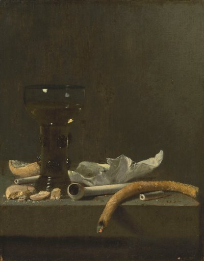 Nature morte avec un roemer, une pipe en terre et une bougie allumée sur une corniche - Jan Fris