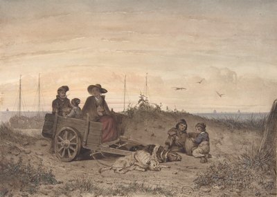 Famille de pêcheurs à la plage, la mère et un des enfants assis dans une charrette, 1855 - Jan Gerard Smits