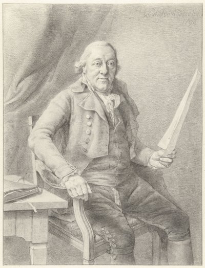 Portrait de Reinier Vinkeles I, assis dans un fauteuil avec une feuille de papier à la main - Jan Gerard Waldorp